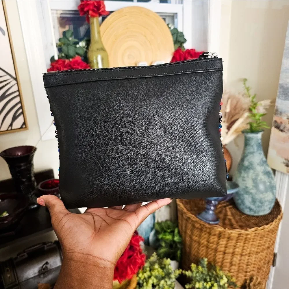 New Victoria Secret Large Sequins Faux Leather  Makeup Clutch.